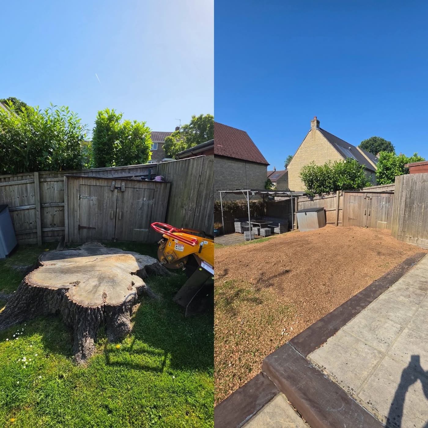 Large stump before and garden after stump grinding