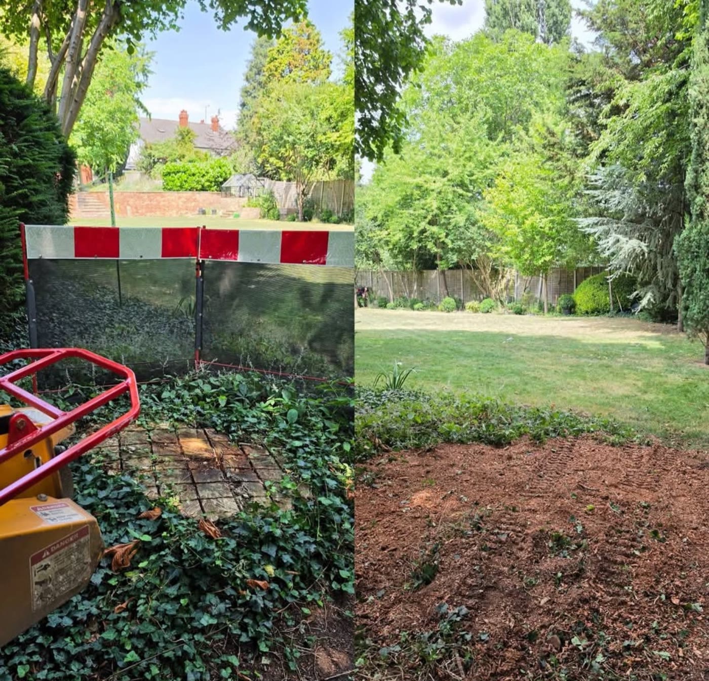Woodland stump before and cleared ground after grinding